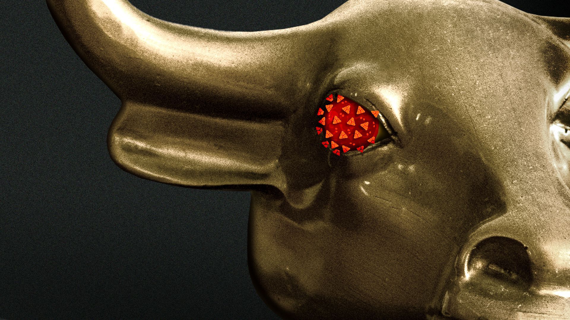 Illustration of the Wall Street Bull with a red Covid cell in place of its eye