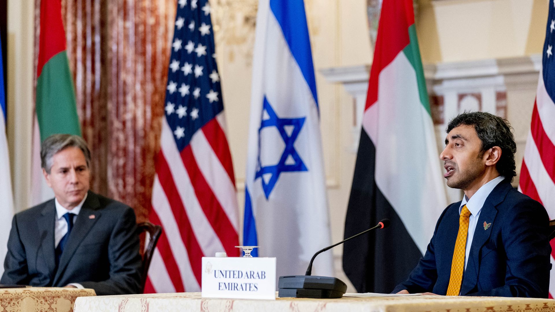 Secretary of State Tony Blinken listens as the Emirati foreign minister speaks.