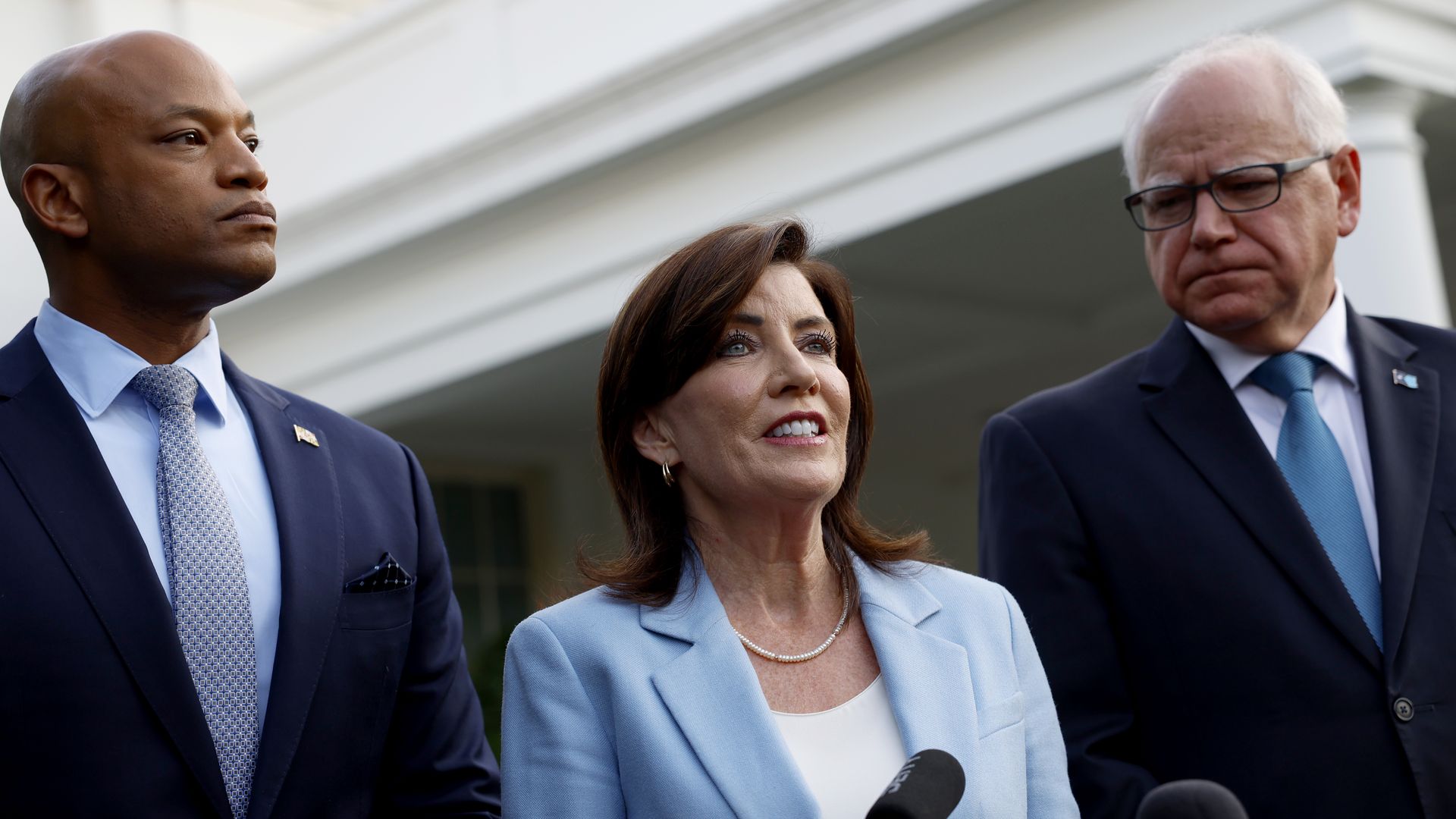 overnors Wes Moore of Maryland, Kathy Hochul of New York and Tim Walz of Minnesota speak to reporters after a meeting with U.S. President Joe Biden at the White House on July 03, 2024 in Washington, DC.