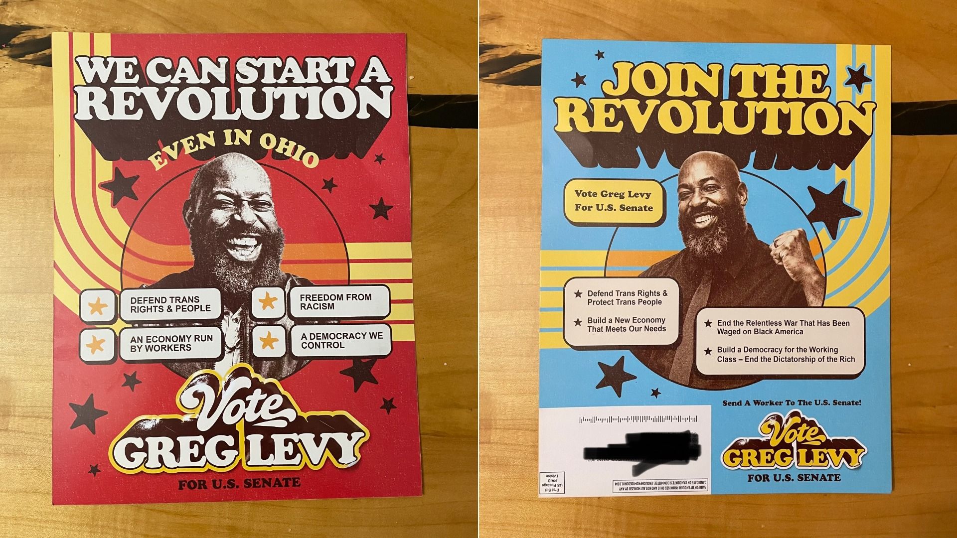 Two bold campaign posters: a red one with WE CAN START A REVOLUTION, EVEN IN OHIO; a blue one with JOIN THE REVOLUTION and Vote for U.S. Senate, featuring a smiling man.