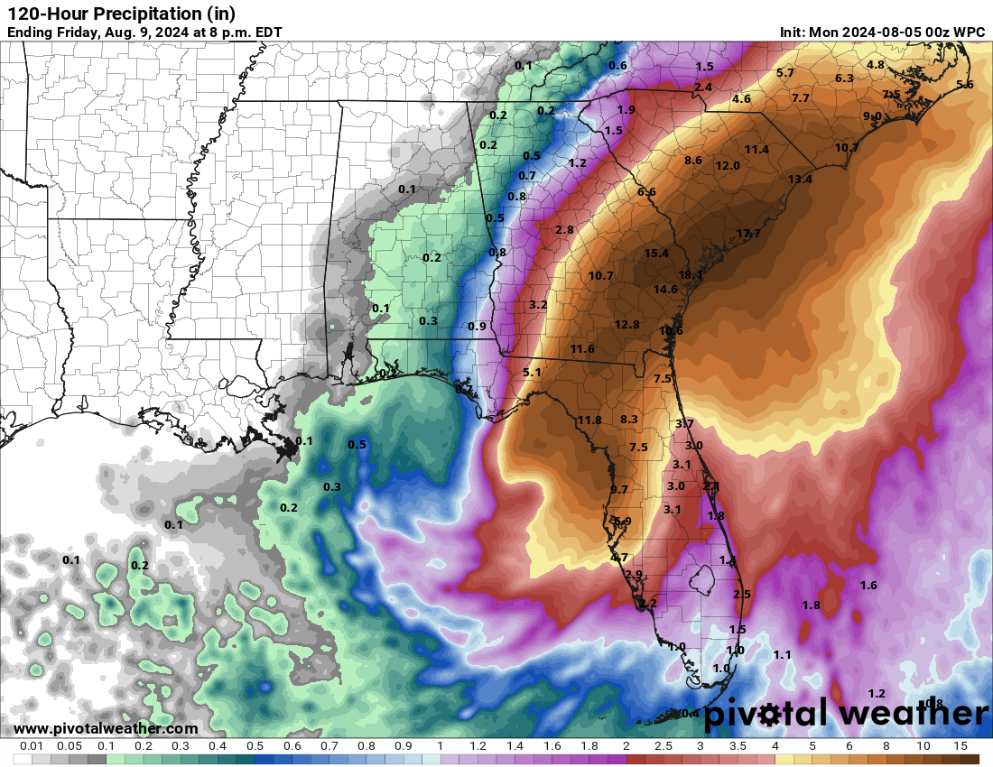 Pivotal Weather's forecast for 120-hour precipitation.