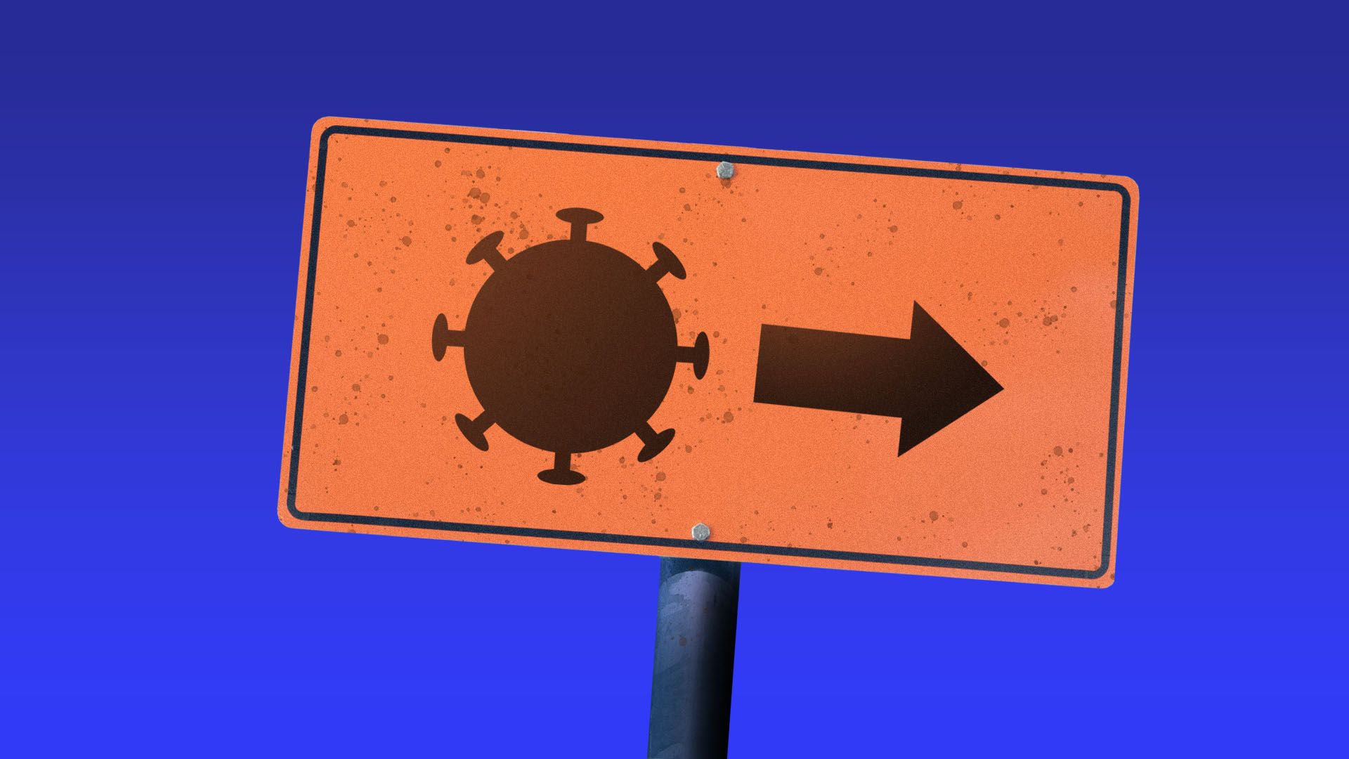 Illustration of a dirty, leaning orange road sign with a virus icon and an arrow