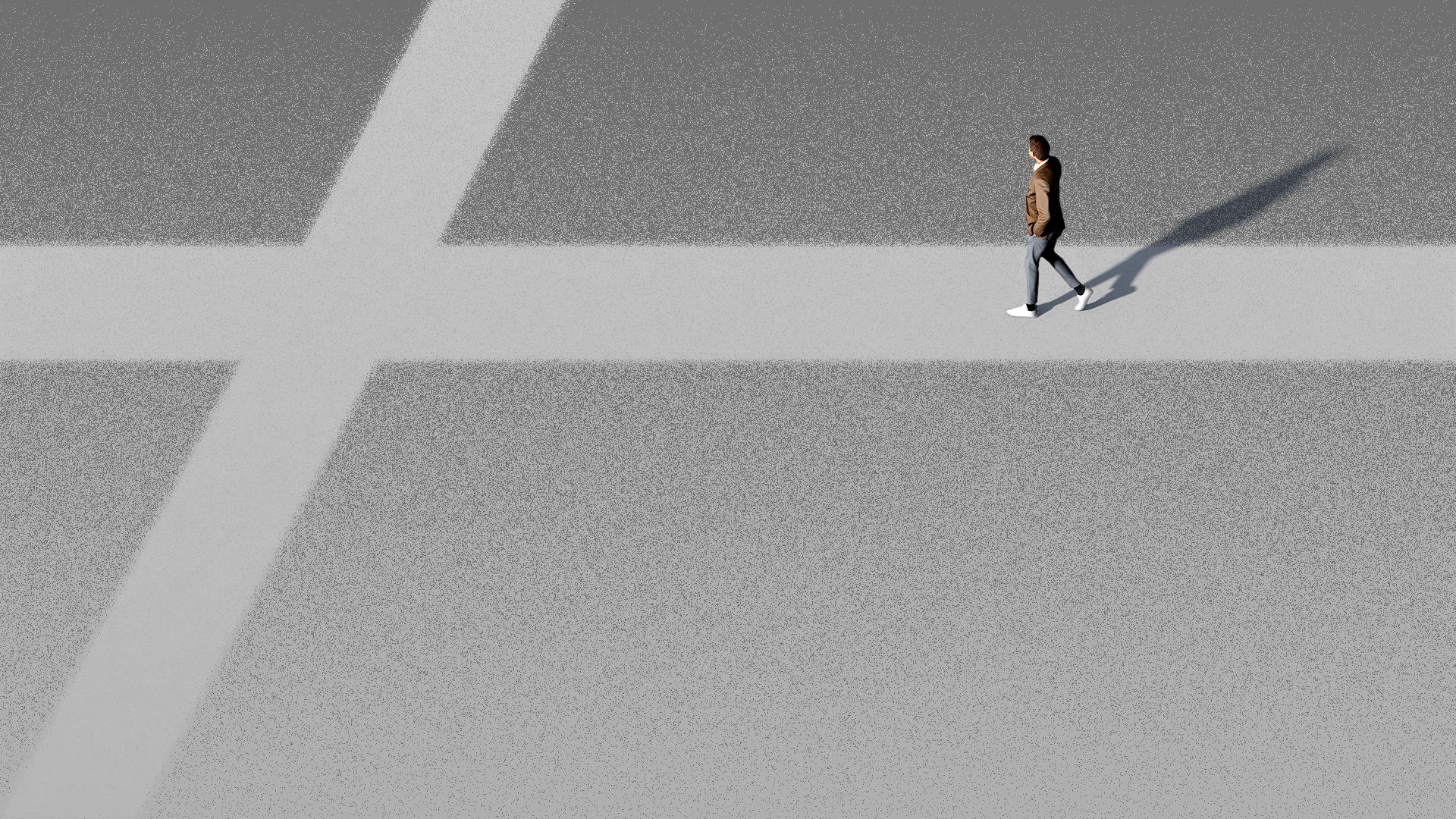 Illustration of a pathway in the shape of the cross, with a lone person walking from the far right towards the center of the cross. 