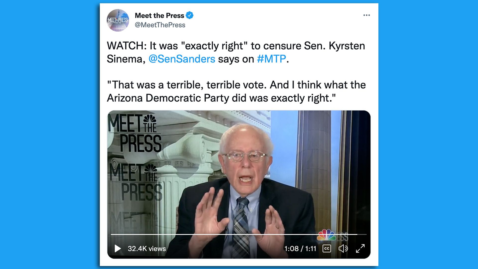 A screen grab shows Sen. Bernie Sanders speaking on NBC's 
