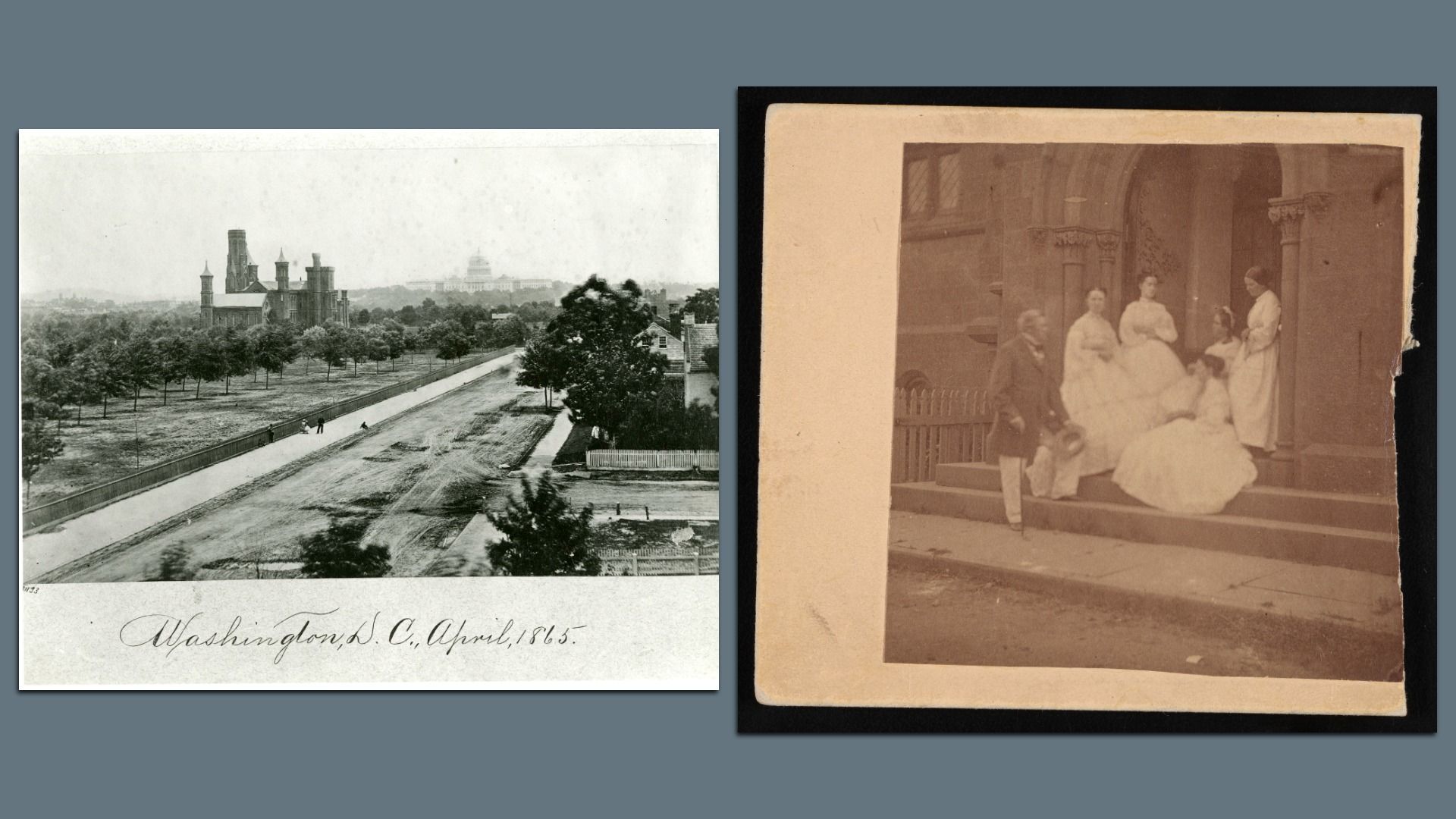 Two-panel image: left shows a black-and-white Washington, D.C. street view with a Gothic cathedral and trees; right shows a sepia photo of a group in 19th-century dress posed on steps.