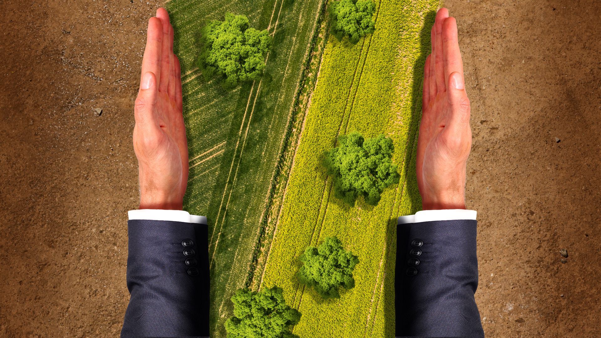 Illustration of giant arms in a suit partitioning off a grassy landscape from a derelict dirt landscape