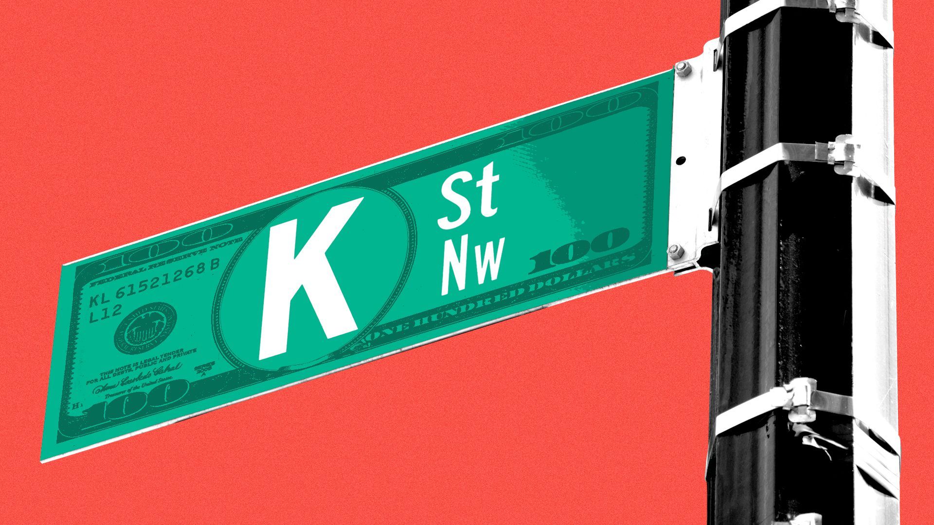 Illustration of a K Street sign with details from a hundred-dollar bill added to it.