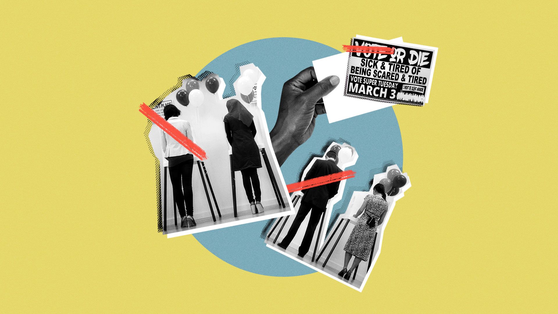 Photo illustration of people at the ballot box, a hand with an empty card, and a vote or die lawn sign.