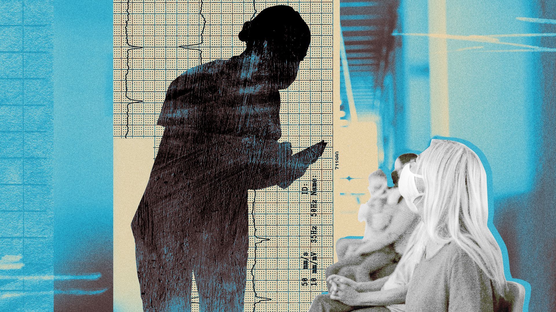 Illustration of a cut out silhouette of a doctor with abstract elements and a row of sitting patients.