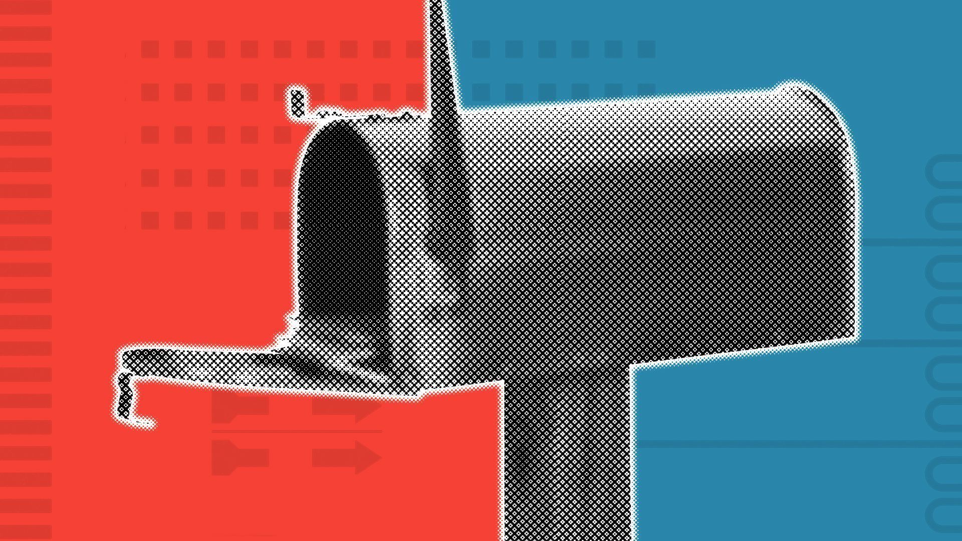 A mailbox over red and blue ballots