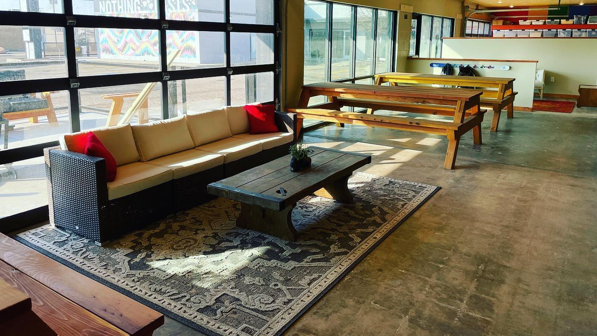 Couches and tables in a brewery