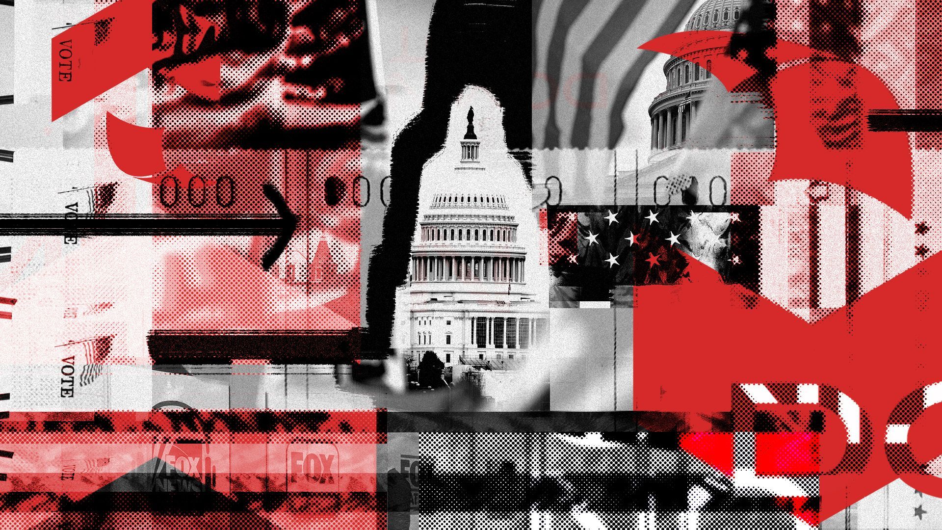 Photo illustration of the US Capitol, Fox News logos, US flags and Dominion Voting's logo.