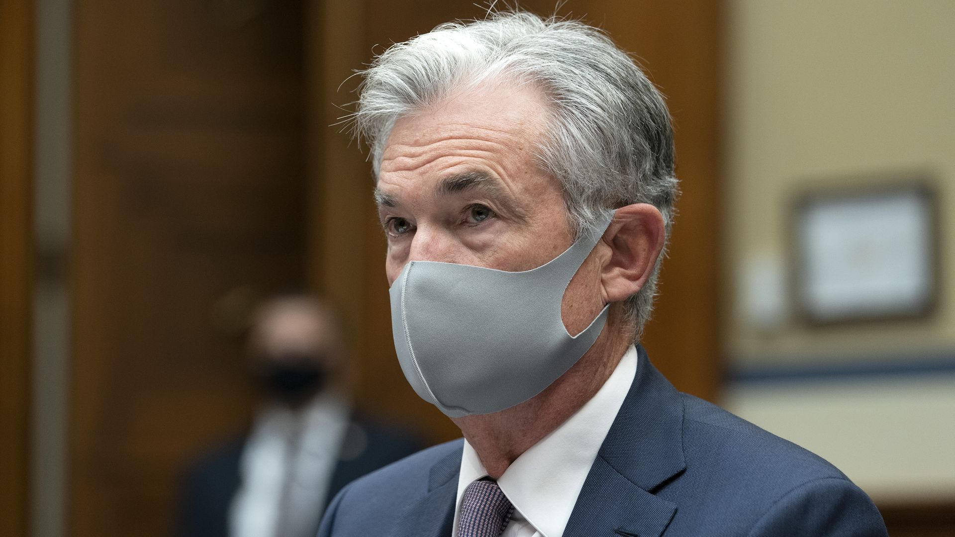 Jerome Powell, chairman of the U.S. Federal Reserve, wears a protective mask during a House Select Subcommittee on the Coronavirus Crisis hearing 