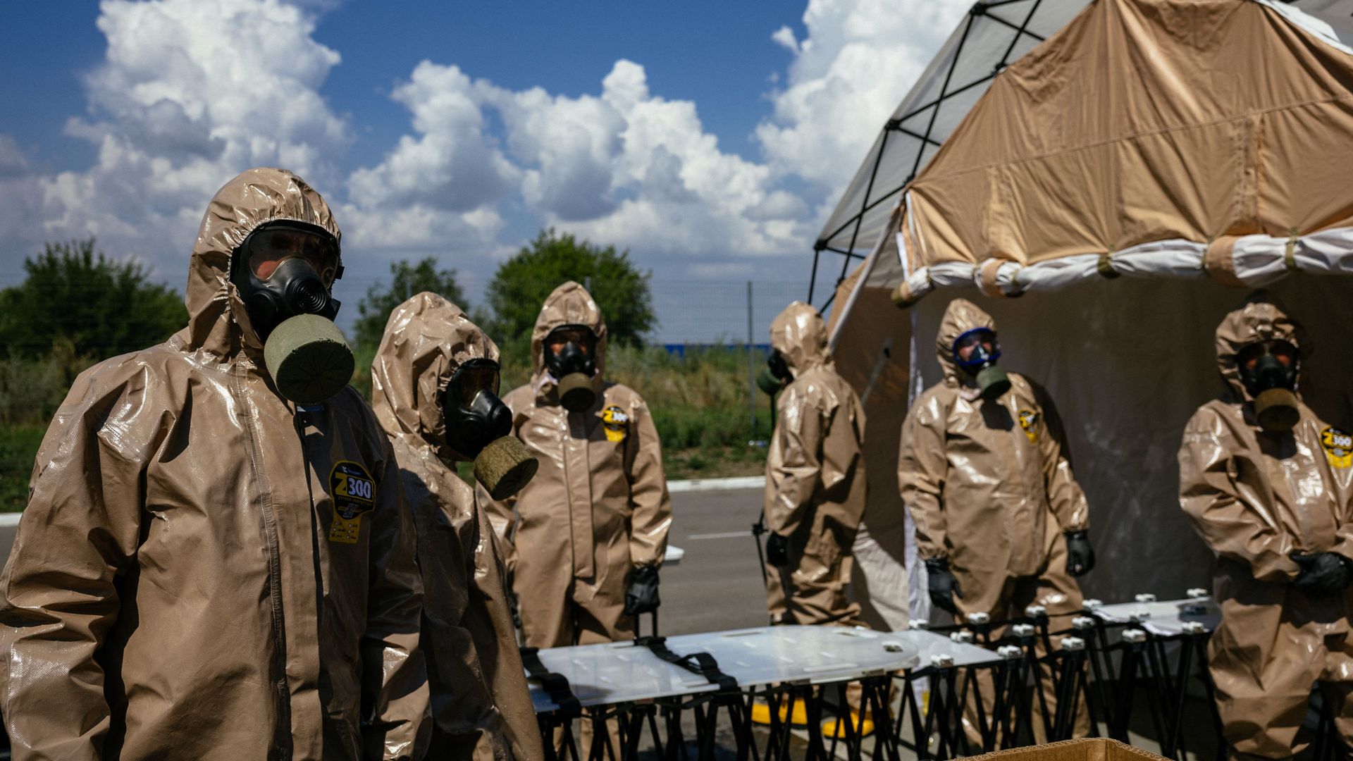 Ukrainian Emergency Ministry rescuers attend an exercise in the city of Zaporizhzhia on August 17, 2022.