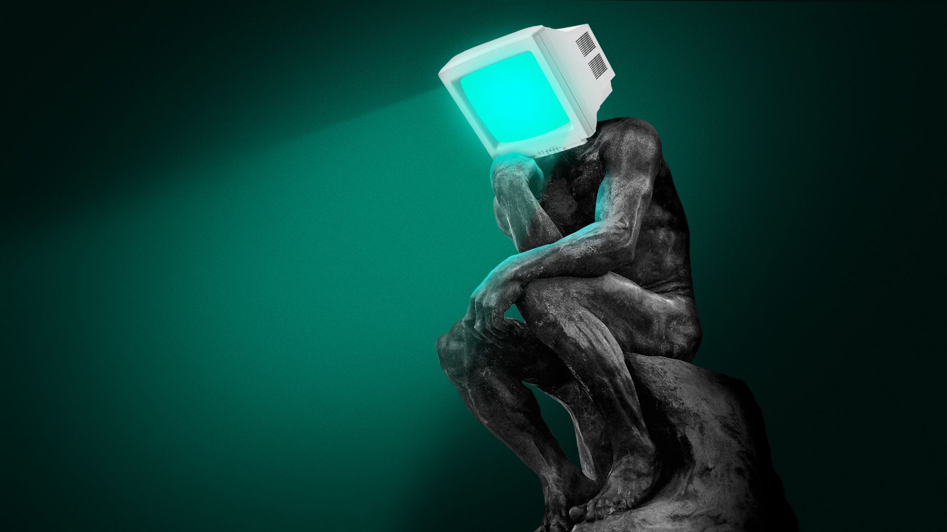 Illustration of Rodin's Thinker statue with a computer monitor for a head. 