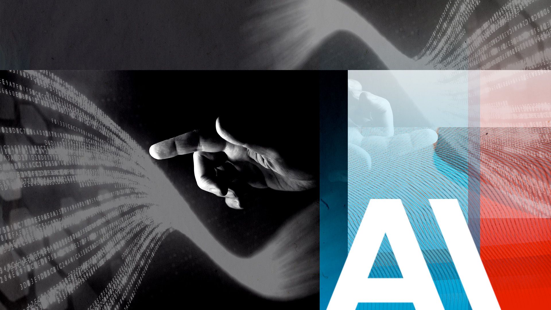 Illustration of a hand next to binary code surrounded by glitchy shapes and the Anthropic logo. 