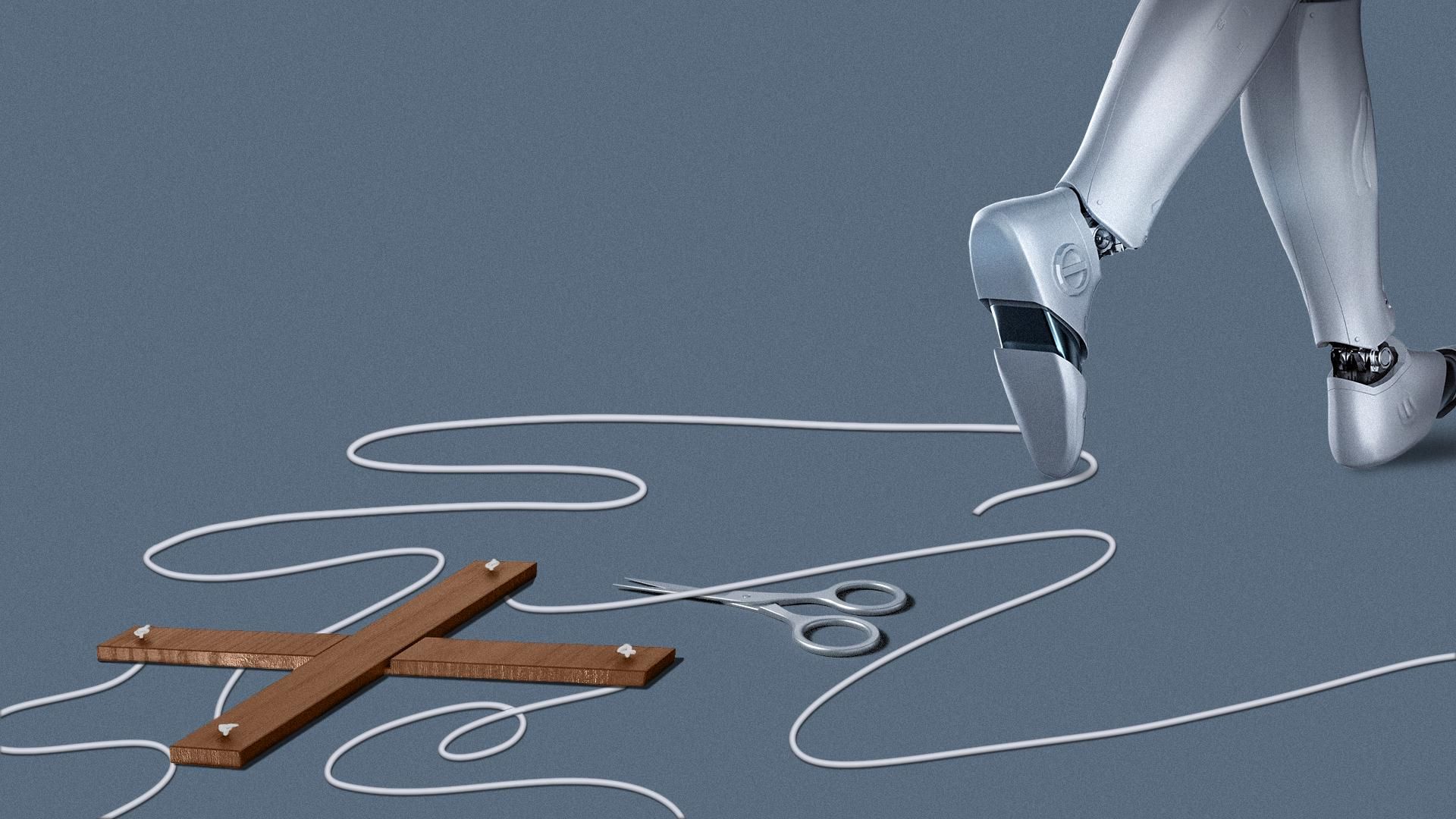 Illustration of a robot walking away from scissors and a puppet controller on the ground.