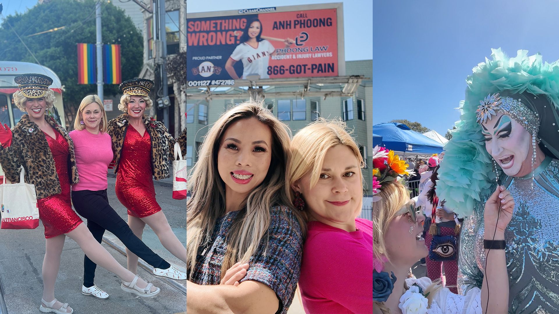 Triptych of outdoor scenes: left three drag performers in red sequins and leopard coats pose on a street; middle two women smile in front of a billboard; right a drag performer in silver with turquoise feathers.