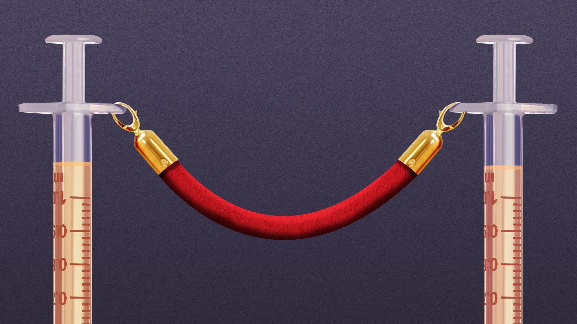 Illustration of a red velvet rope in between two syringes.