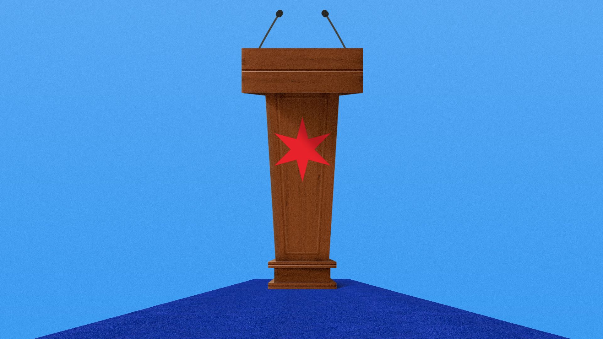 Illustration of a blue carpet leading to a podium with the Chicago star emblem.