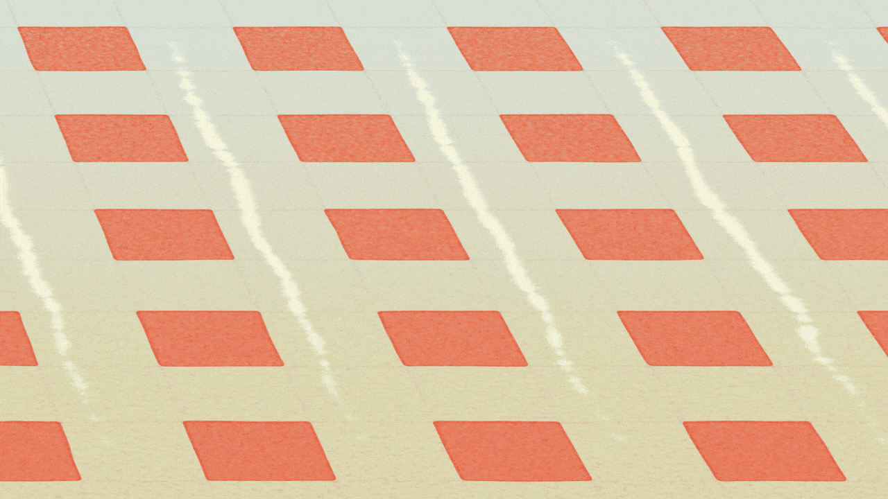 Animated illustration of a tiled supermarket floor with orange tiles, which change into exclamation points. A carriage rolls by.