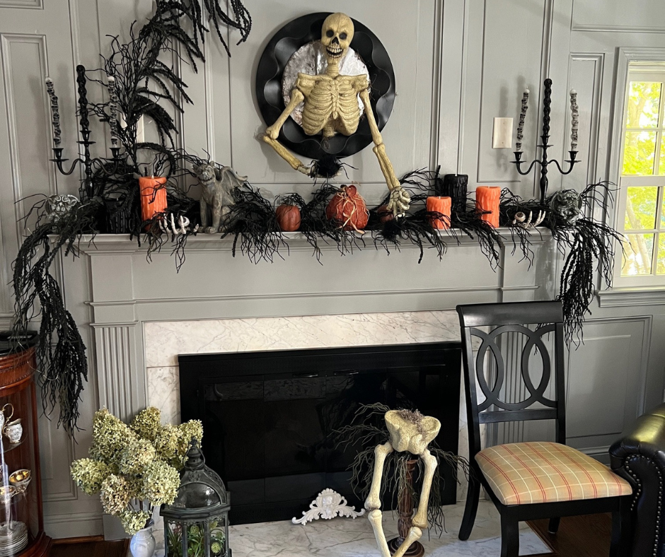 mantel decorated for halloween