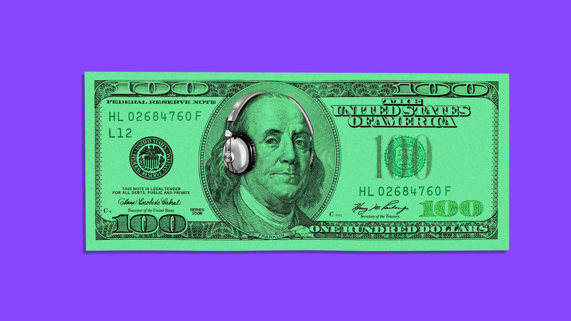 Illustration of a hundred dollar bill with Benjamin Franklin wearing headphones.   