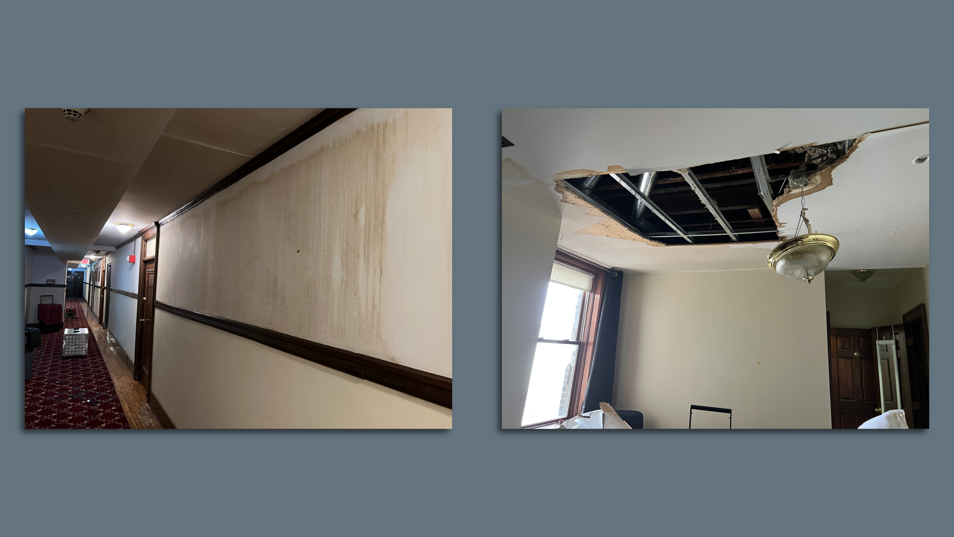 First image shows mold on walls, second image shows collapsed ceiling at the Addsion