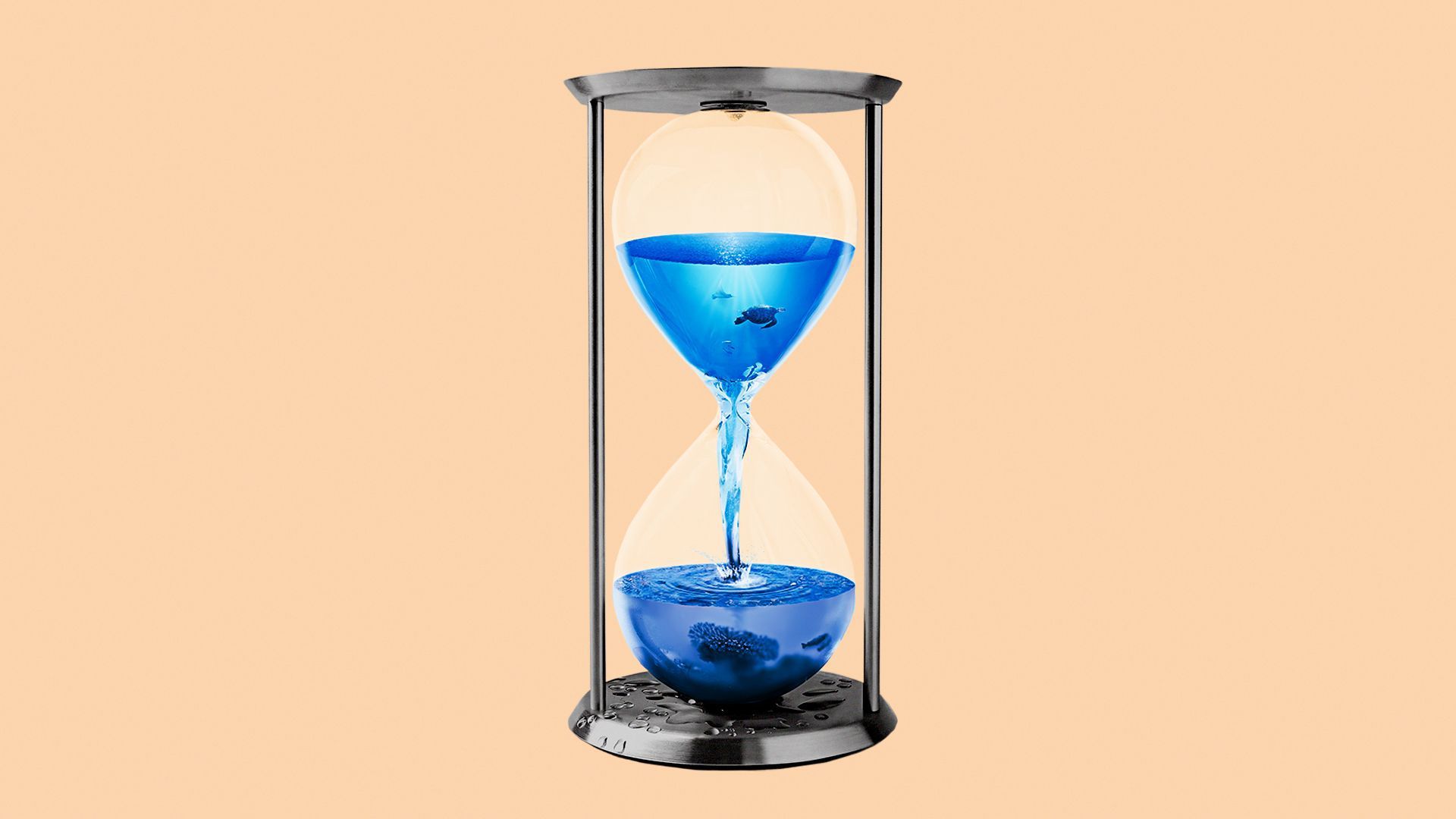 Hourglass with blue liquid.