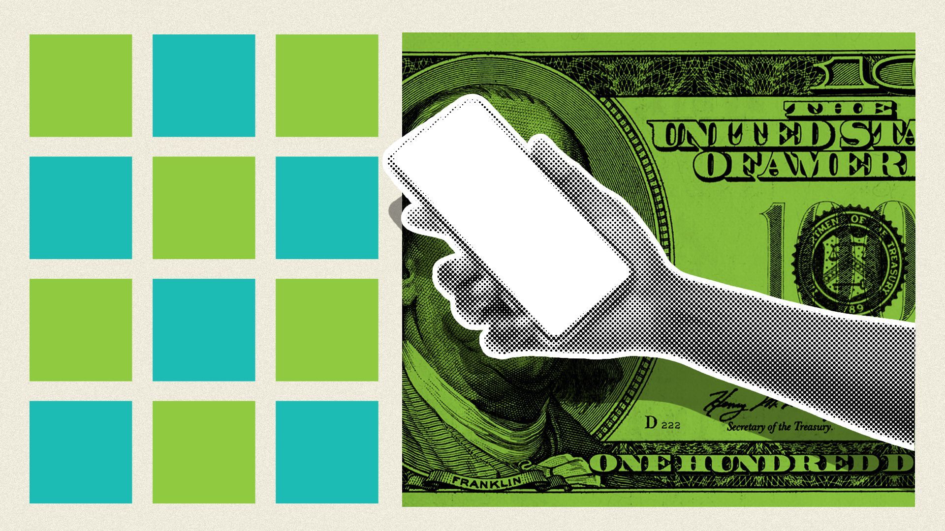 Illustration of a Black hand holding a phone with squares and money in the background.