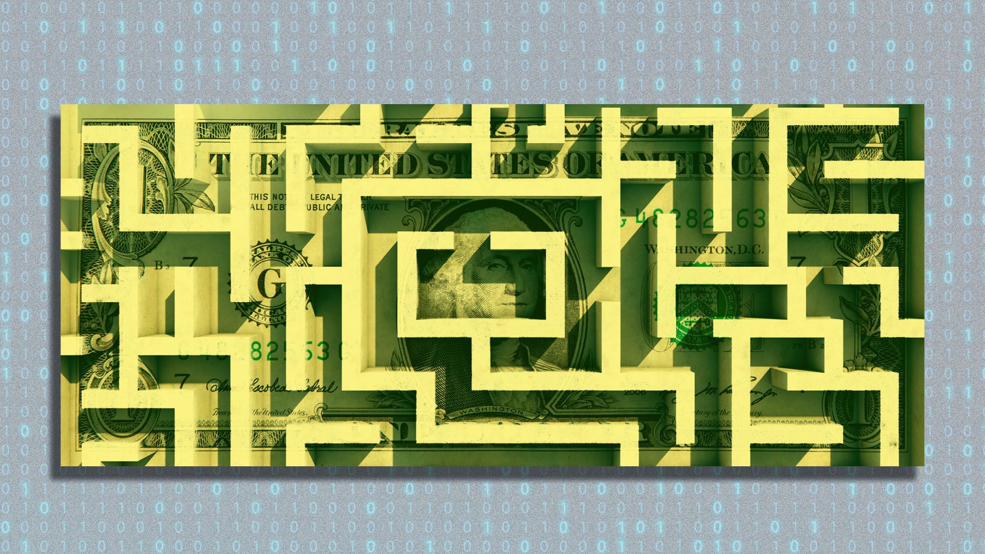 Illustration of a dollar bill shaped like a maze, with binary code in the background