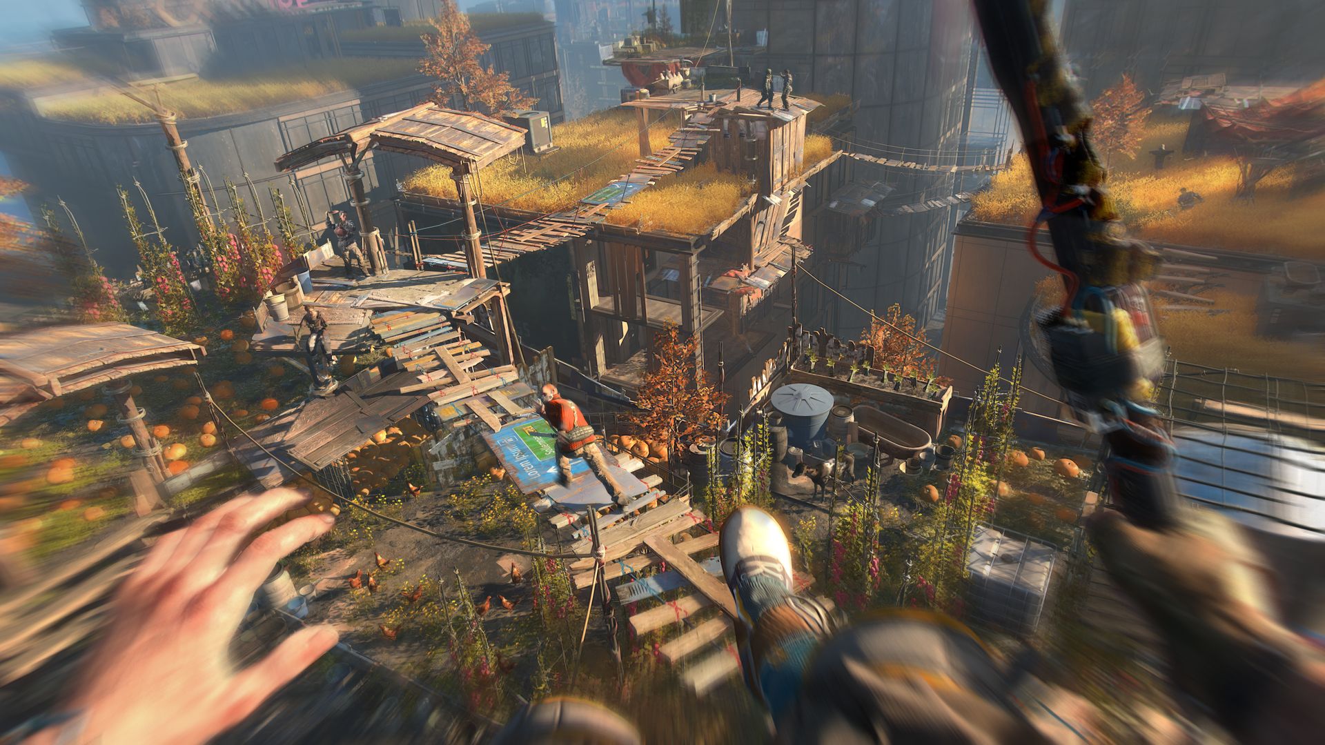Video game screenshot from a first-person view, as a person leaps over a rooftop with a bow and arrow in hand