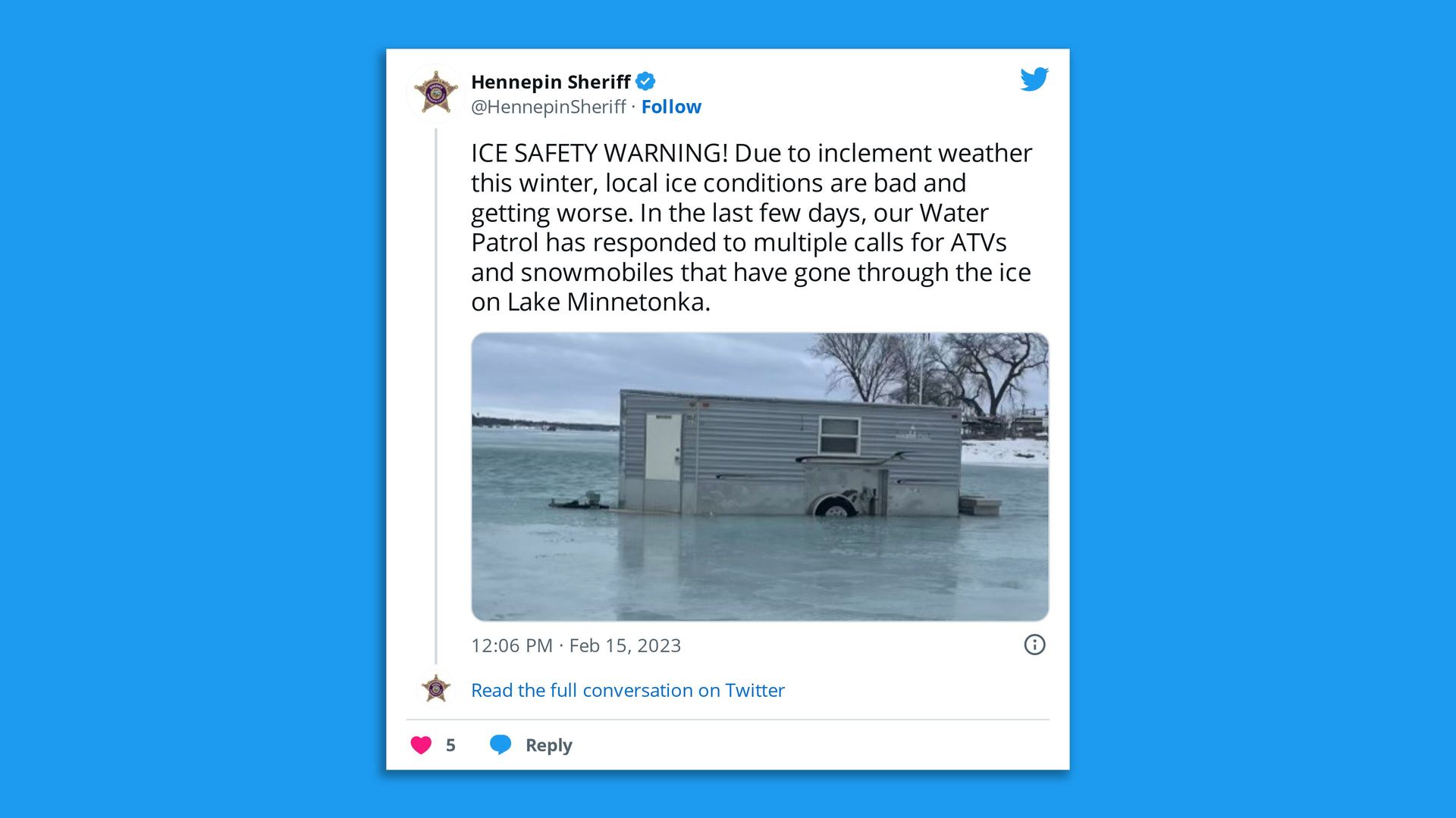 tweet with a fish house falling through the ice