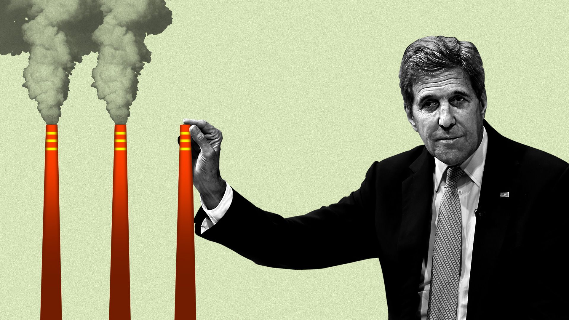 John Kerry plugging a smokestack with his finger