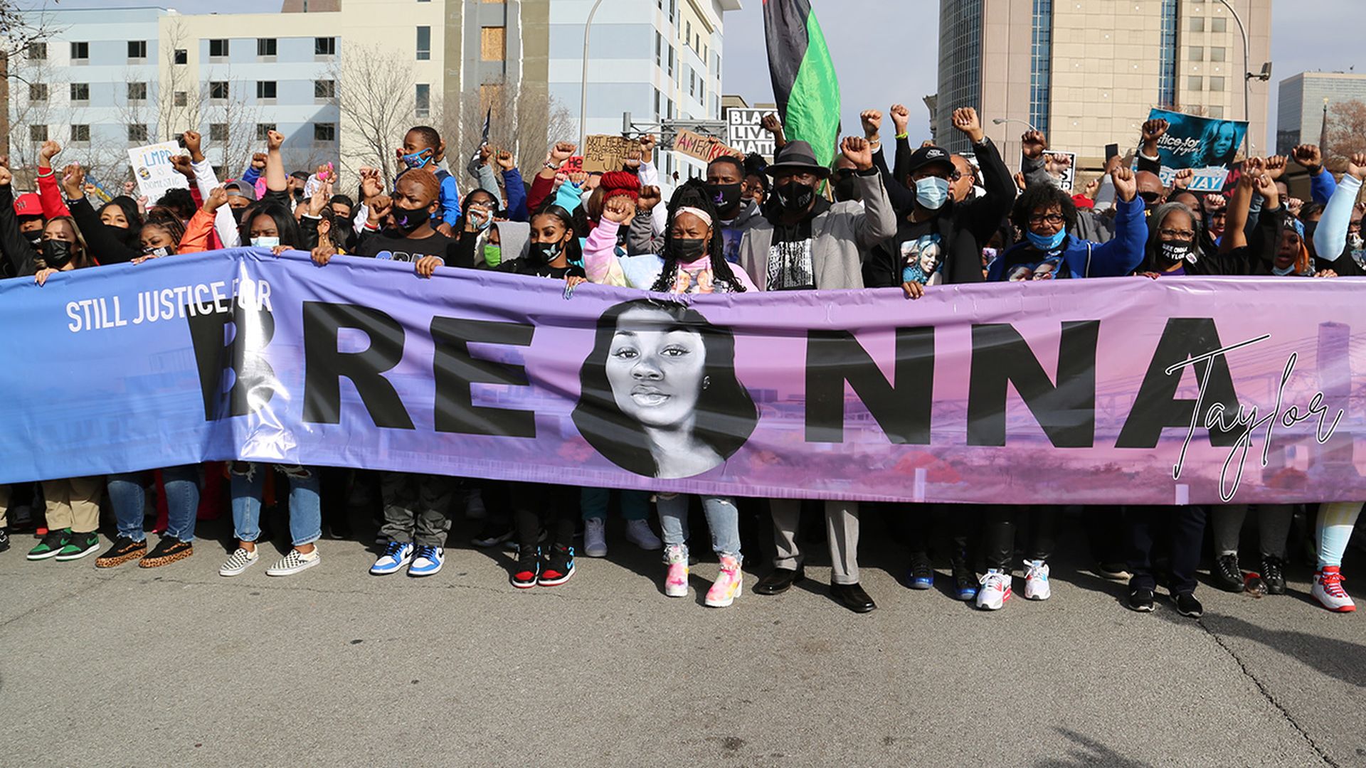 Breonna Taylor's family leads a march as they mark one year since her death. Photo: Laurin-Whitney Gottbrath