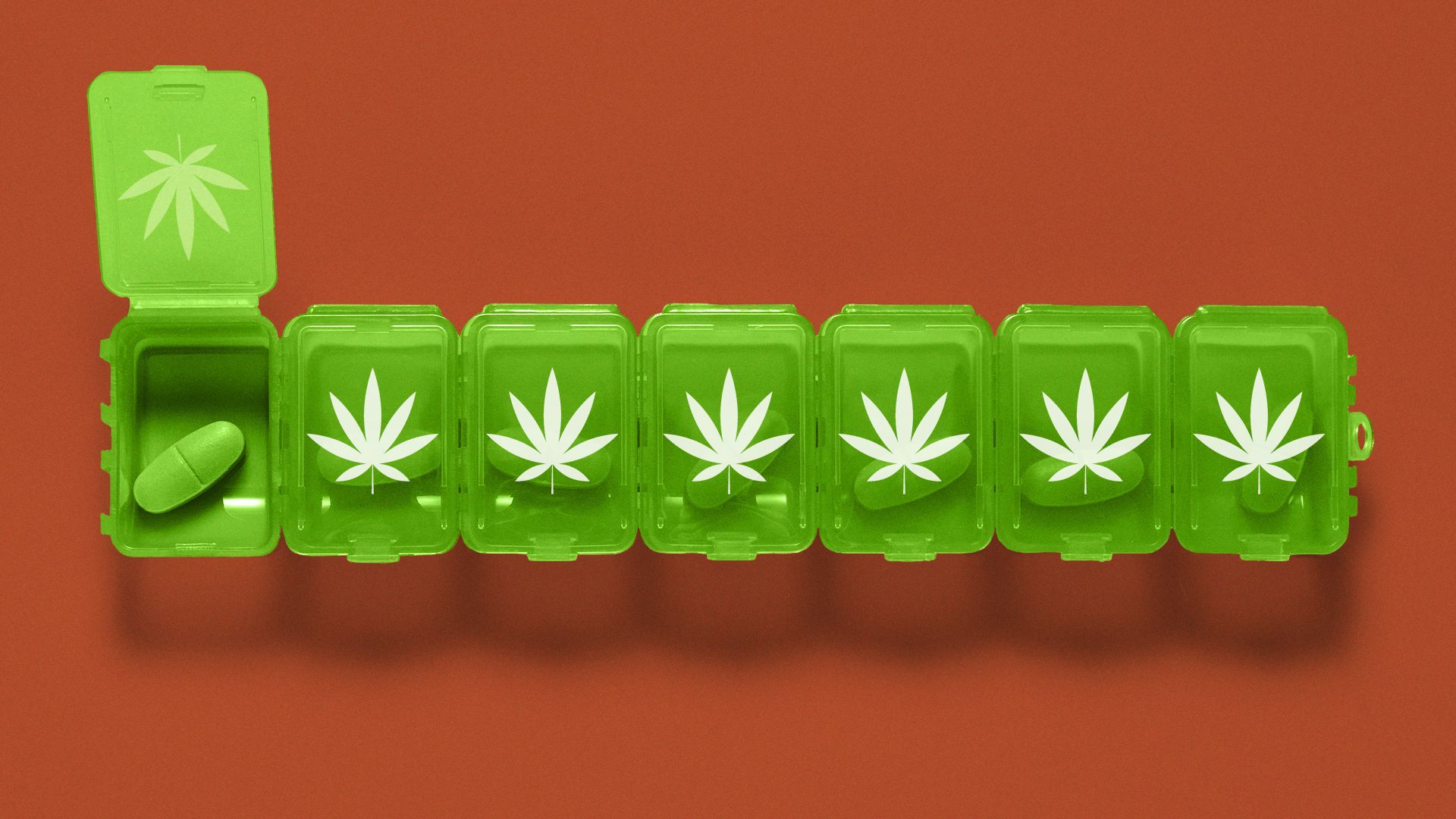 Illustration of weekly pill case with marijuana leaves labels.