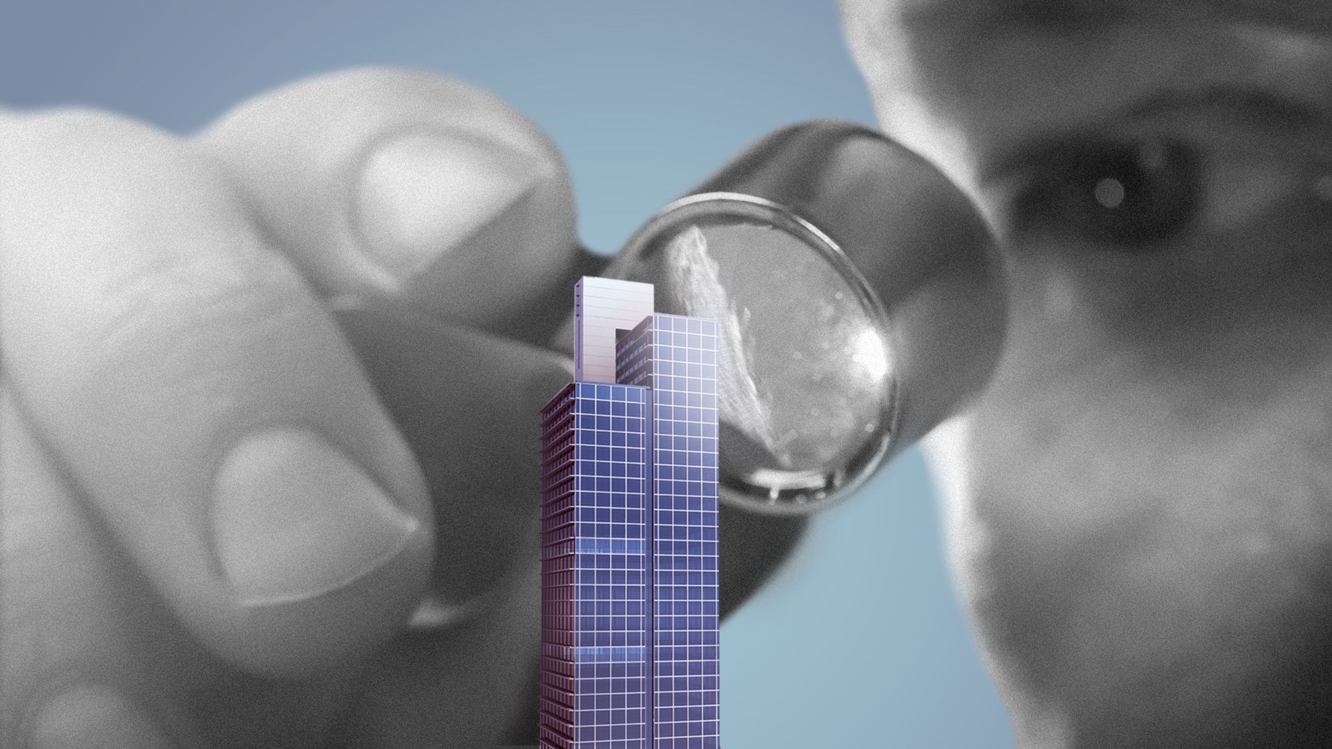 Illustration of a person holding a loupe examining a skyscraper. 