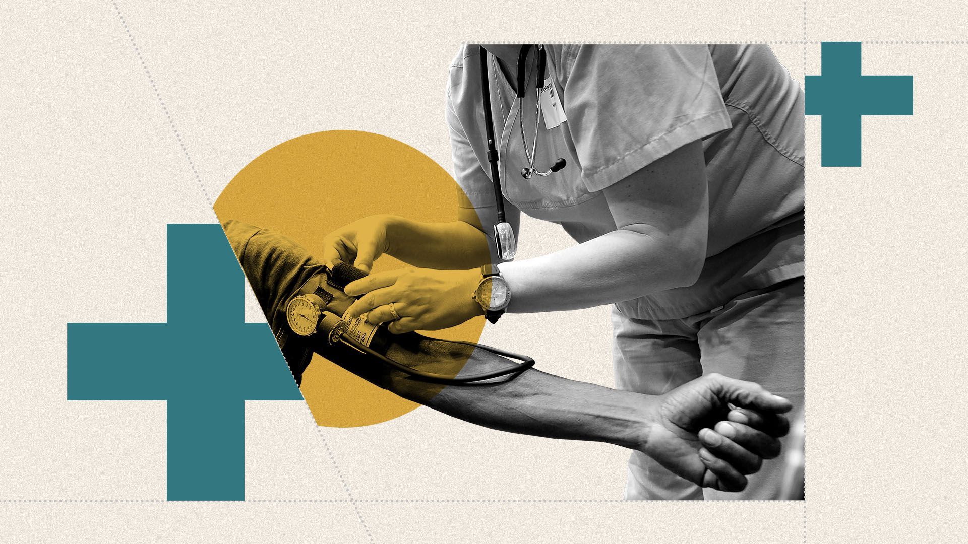 Photo illustration of a doctor taking a patient's blood pressure