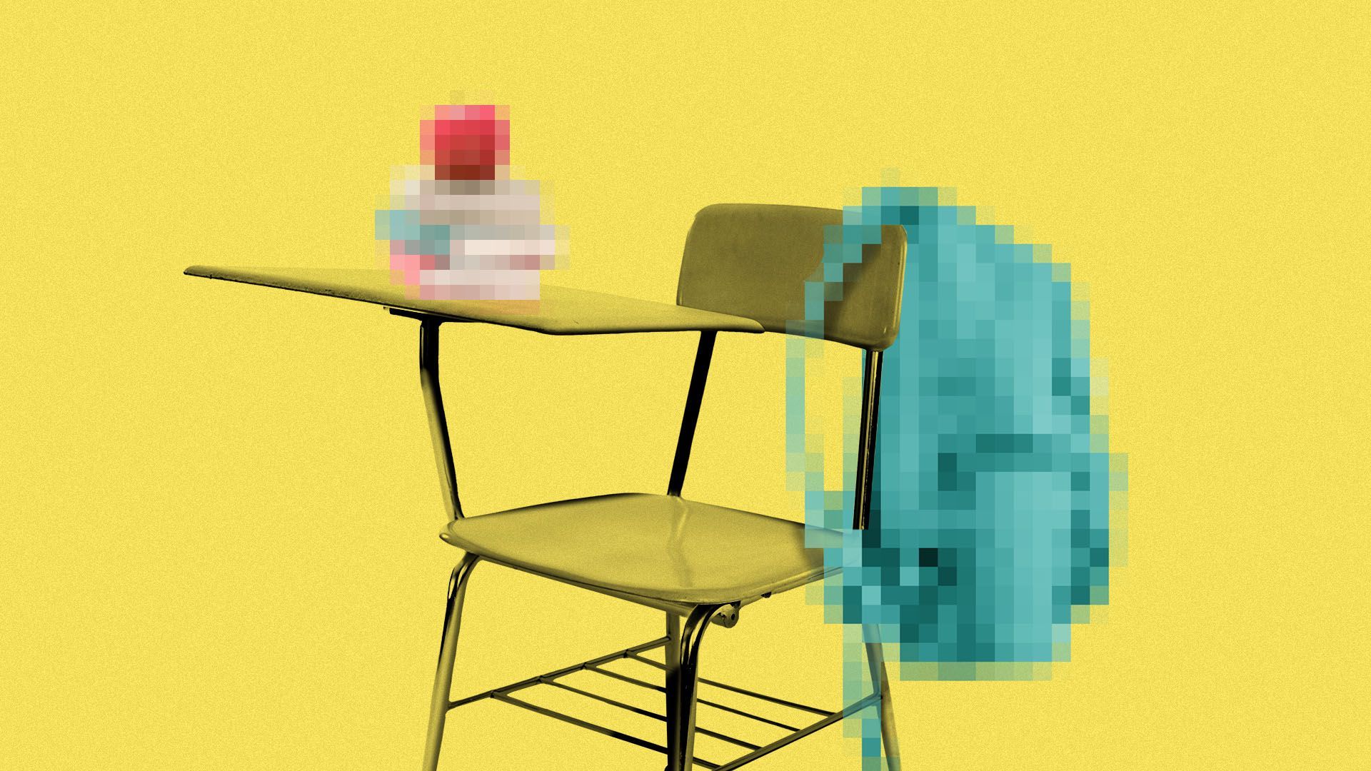 Illustration of a school desk with a pixelated backpack and stack of books and apple