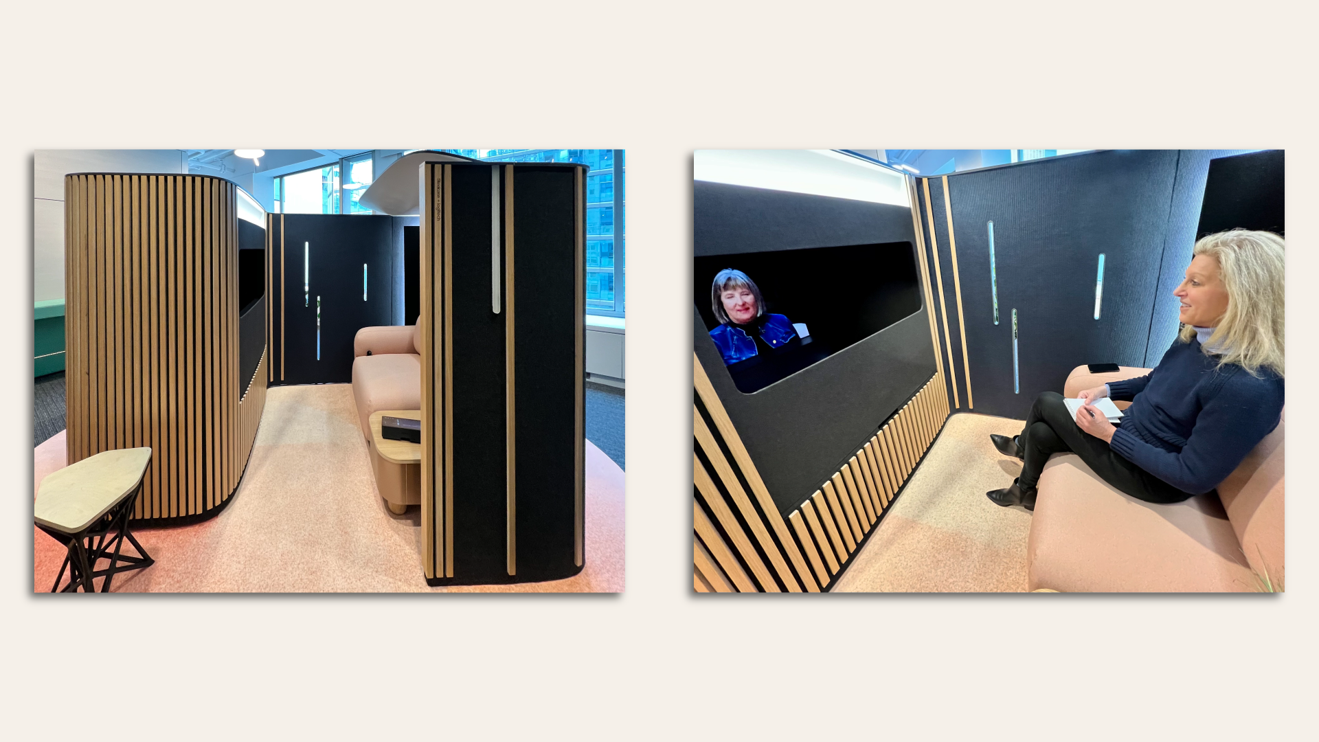 At left, a view of the Project Ghost videoconferencing booth; at right, a picture of two people conversing inside the booth.