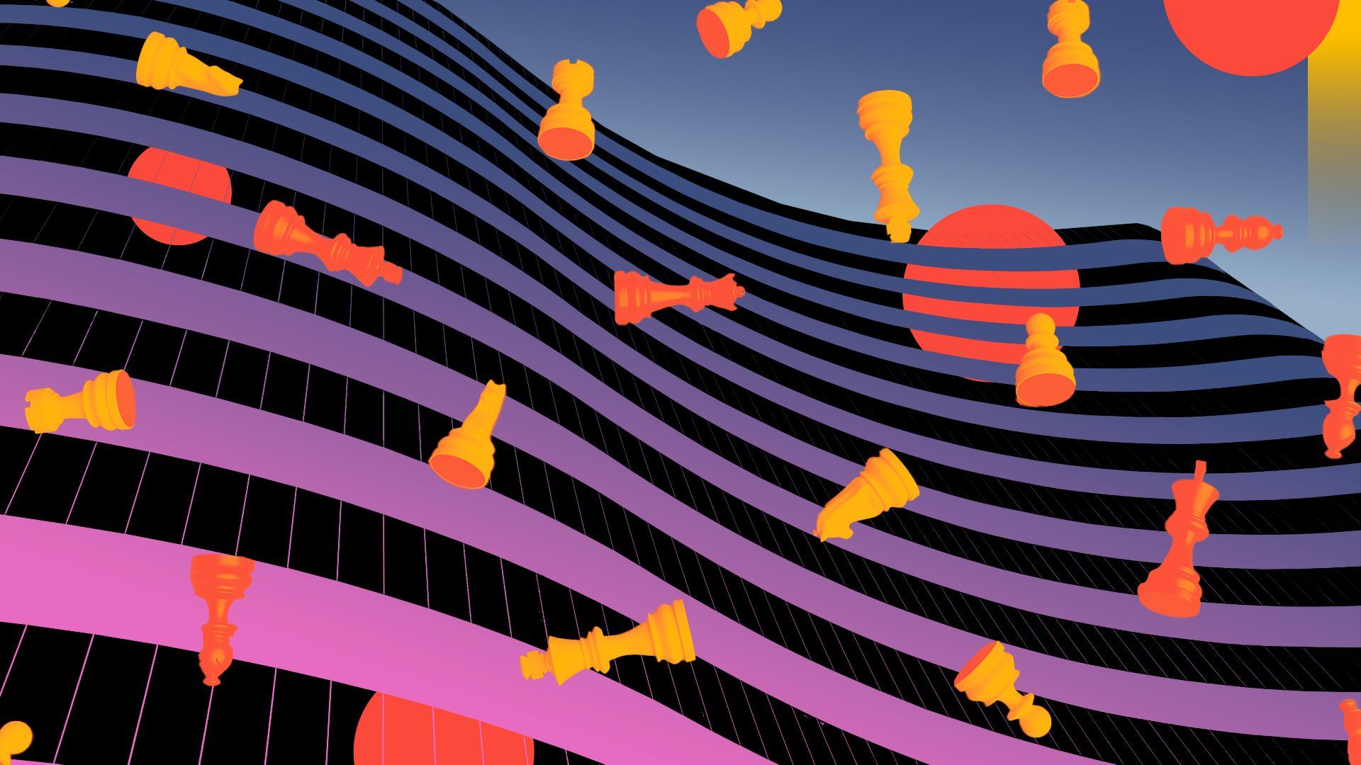 Illustration of a curved wireframe city with chess pieces falling from the air.