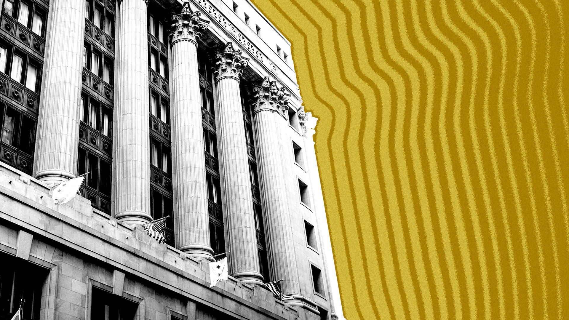 Illustration of Chicago City Hall with lines radiating from it.
