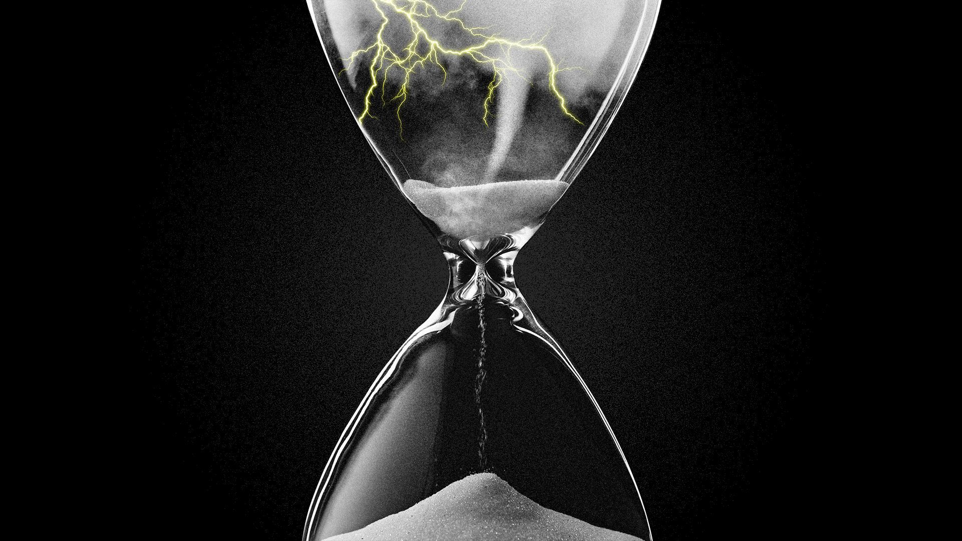 Illustration of an hourglass with a tornado and lightning in the top portion