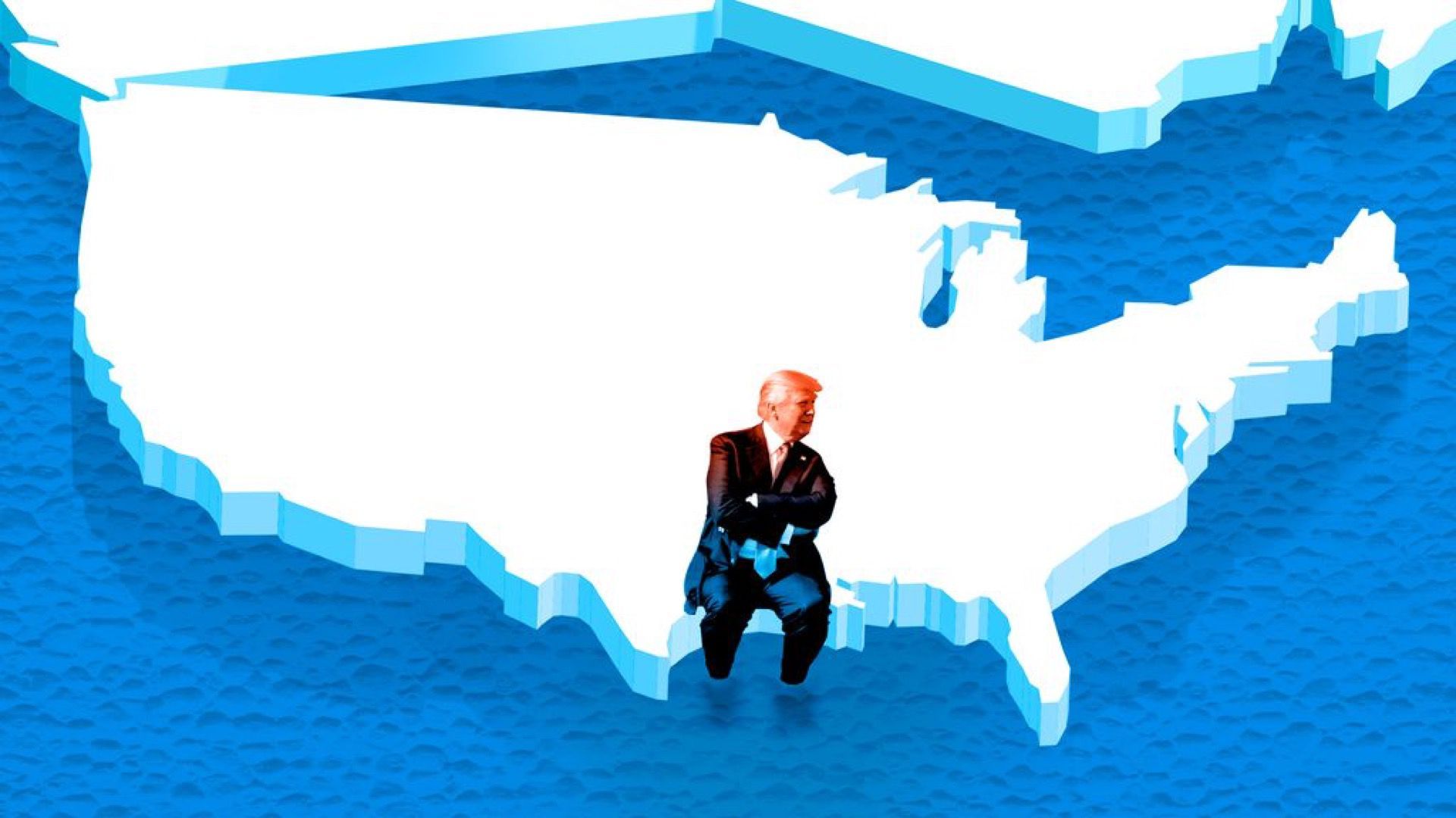 Image of President Trump sitting on a ice cutout of the United States pulling away from Canada