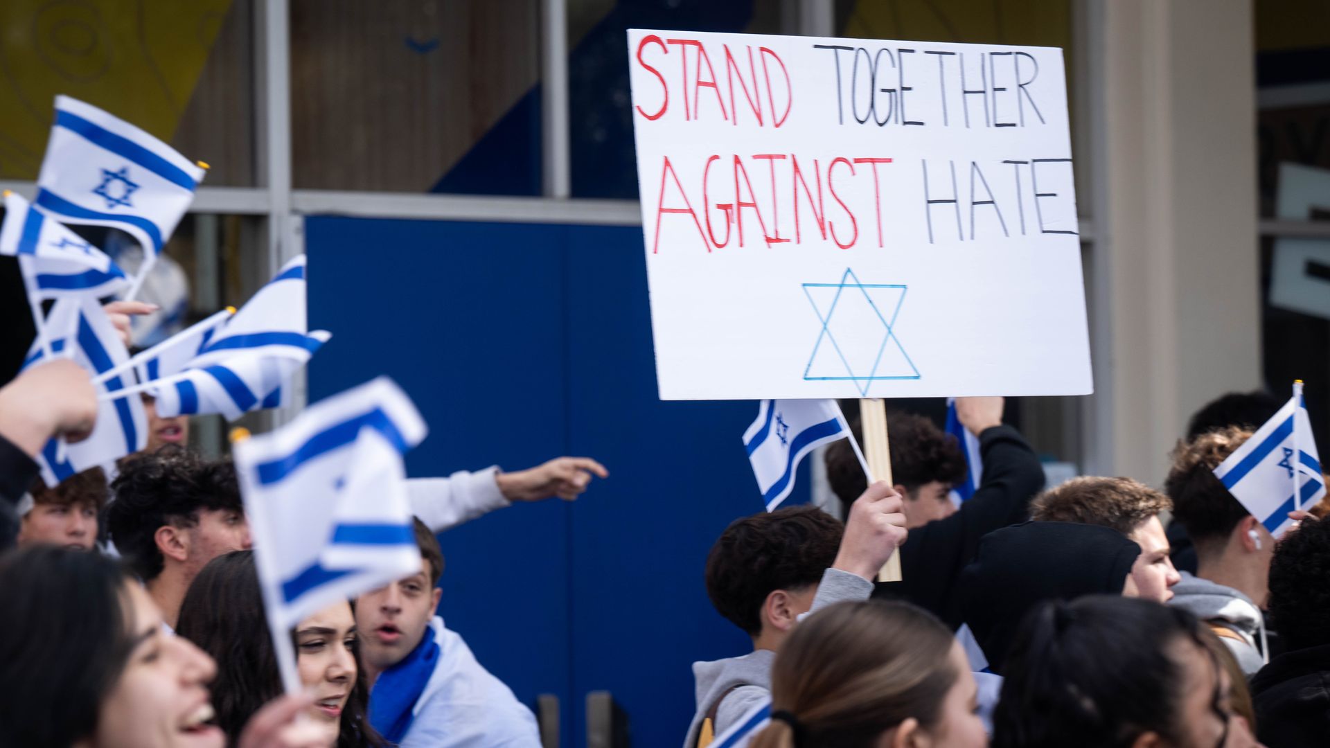 Jewish students at El Camino Real Charter High School walkout to protest antisemitic incidents at the Woodland Hills school on Tuesday, February 27, 2024.