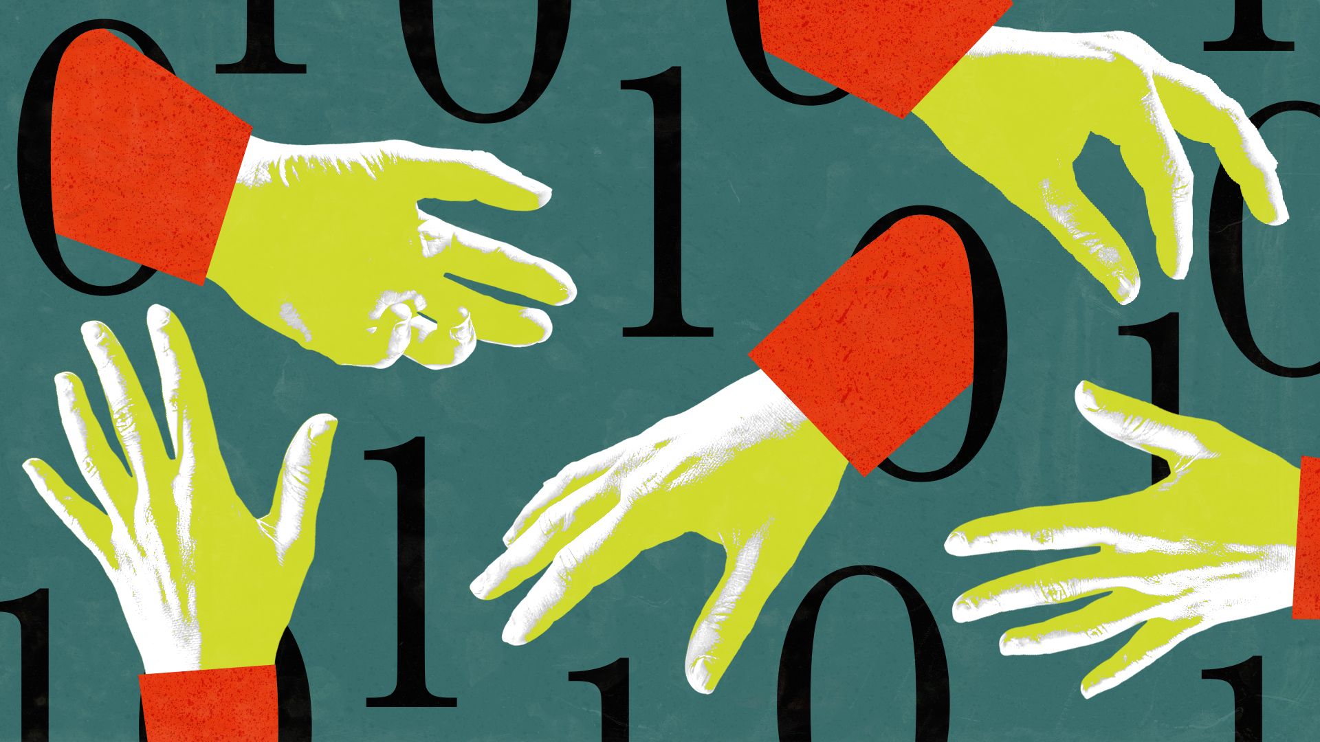 Illustration of hands emerging from zeroes in binary code.