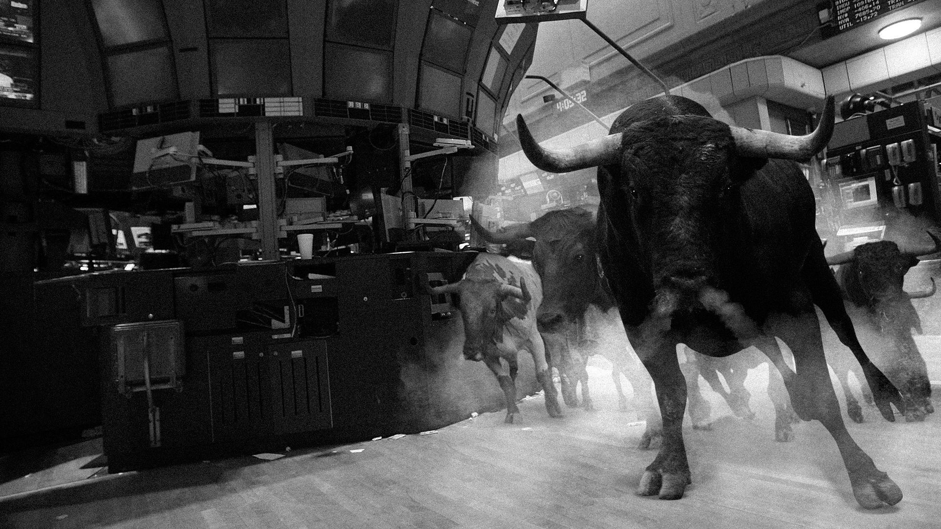 Illustration of bulls charging through the NYC stock exchange floor.  