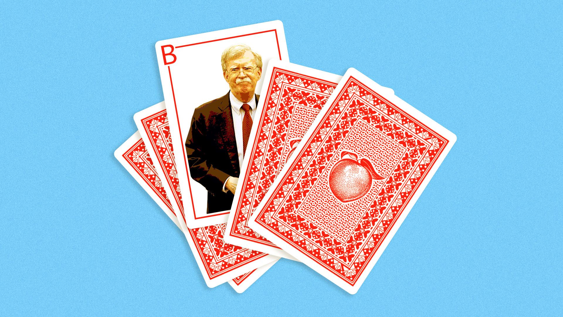 Illustration of a deck of playing cards with a peach design on them, with one turned over featuring John Bolton