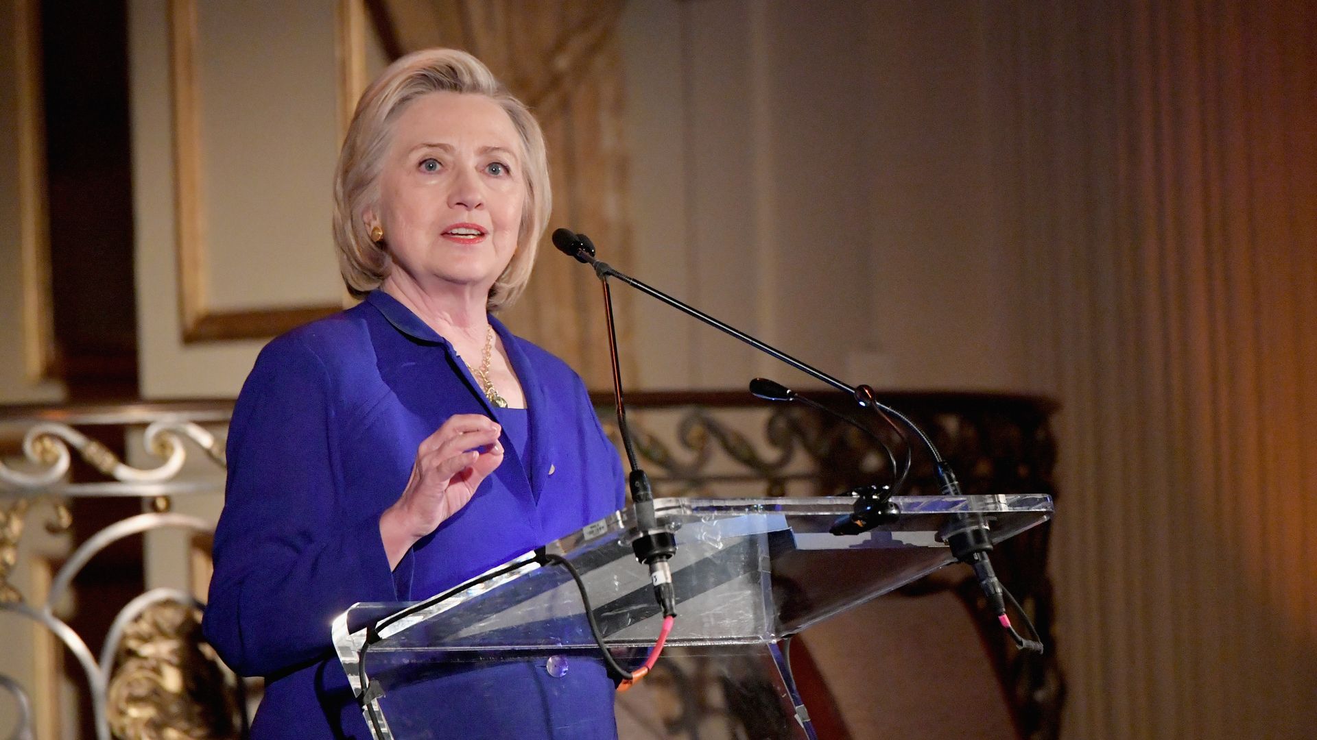 s Hillary Clinton speaks onstage during the 8th Annual Elly Awards hosted by the Women's Forum of New York at The Plaza Hotel on June 18, 2018 in New York City.