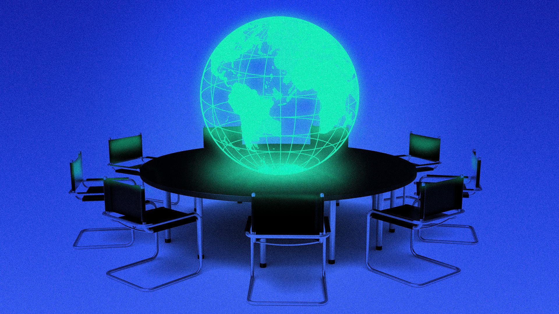 Illustration of a glowing wireframe earth in the center of a round conference table
